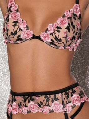 Fleur du Mal Pink Silk Floral Embroidered Lace Bra Black Sheer Romantic Lingerie